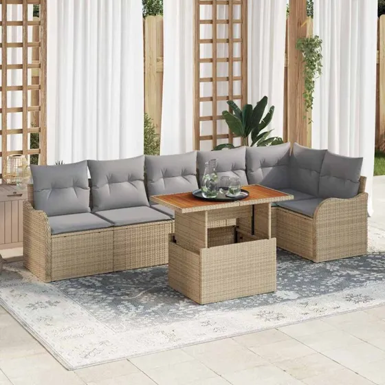 vidaXL Havesofa Sæt 7 stk beige/lysegrå med polyrattan og akacietræ