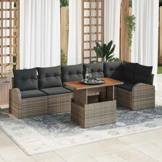 vidaXL Havesofa Sæt 7 deler Grå Poly Rattan med Akacietræ