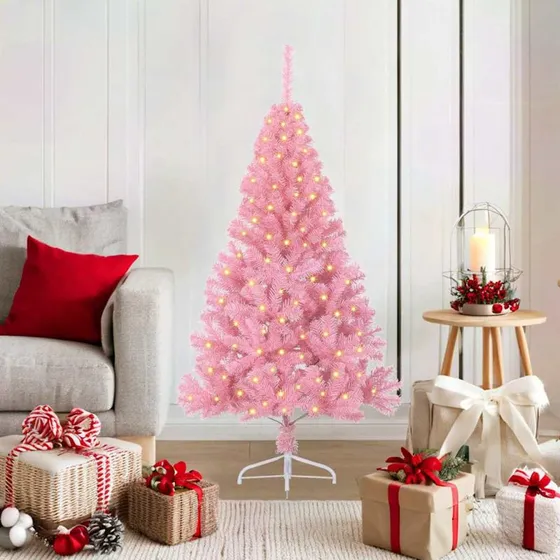 vidaXL Kunstigt Juletræ 120 cm, Lyserødt, 150 LED'er