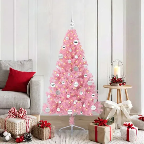 vidaXL Kunstig Forbelyst Juletræ 150 cm Lyserød PVC