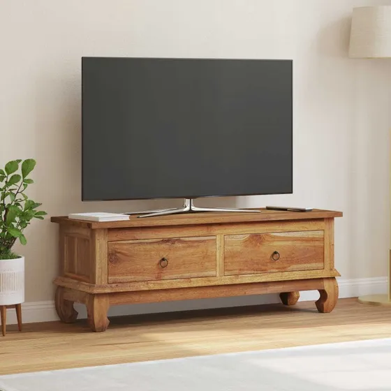 vidaXL TV-bord med skuffe, naturfarvet, 110 x 35 x 40 cm, massiv teaktræ