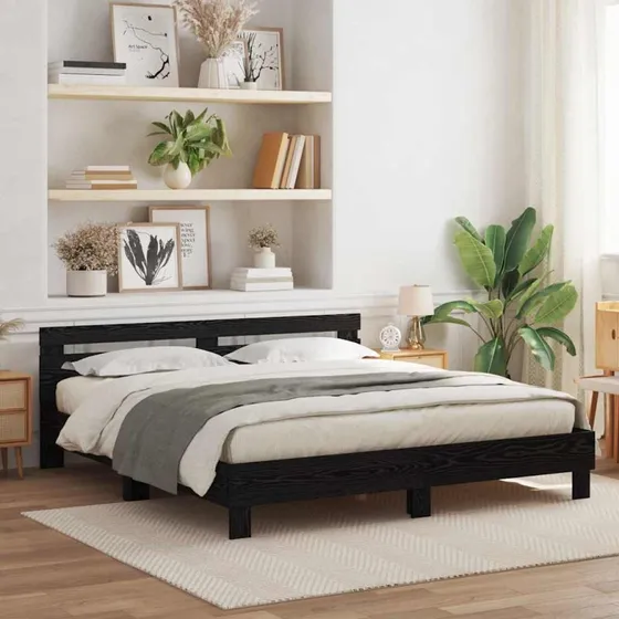 vidaXL Sengestel med LED, Sort Eg 200x200 cm Konstrueret Træ