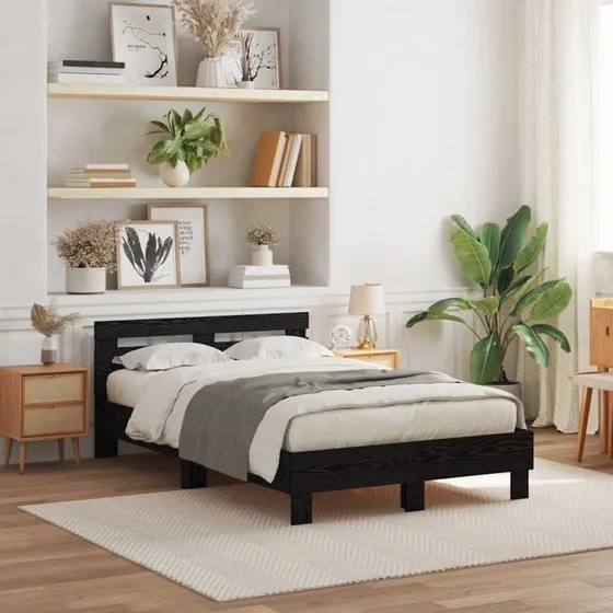 vidaXL Sengestel med LED, Sort Eg 135 x 190 cm, Konstrueret Træ