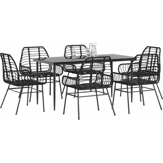 vidaXL 7-delers polyrattan spisebordssæt med glas, sort