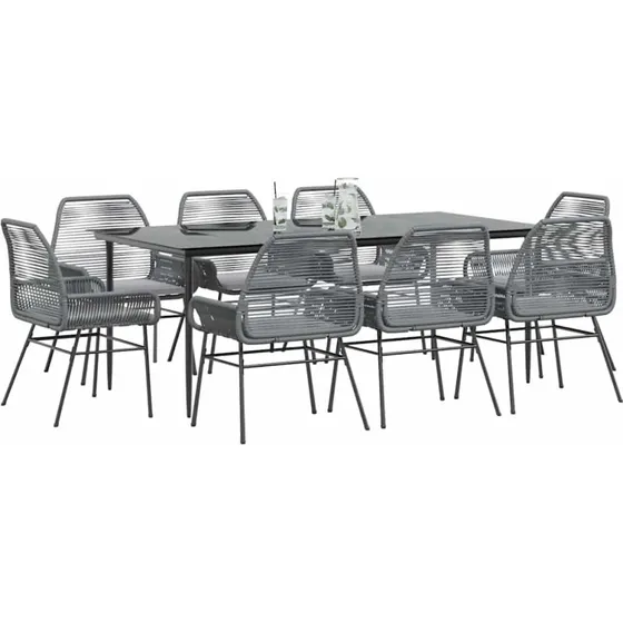 9 dele spisebordssæt til have med hynder, polyrattan, sort, 200 x 100 x 74 cm