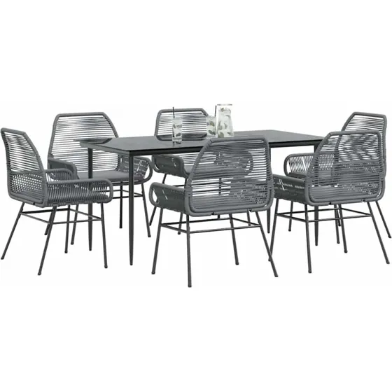vidaXL 7-delers polyrattan spisebordssæt med glas, grå