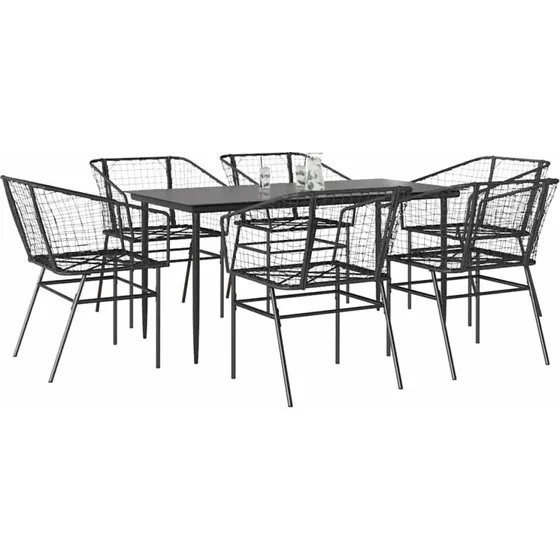 vidaXL 7-delers polyrattan spisebordssæt med glas, sort