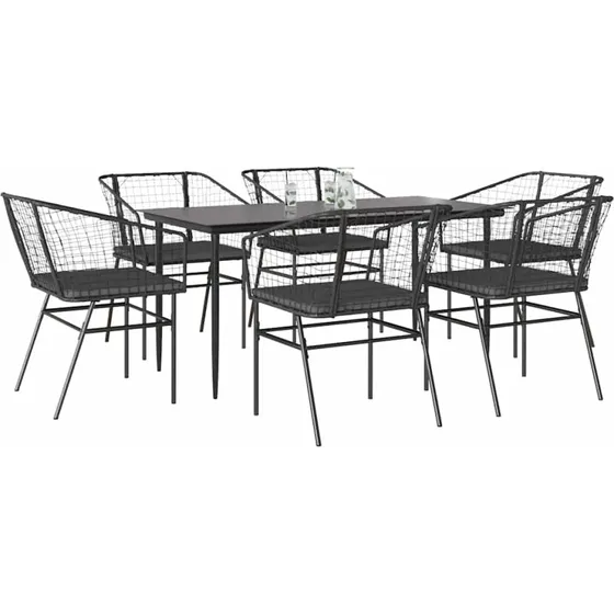 vidaXL 7-delers polyrattan spisebordssæt med glas, sort