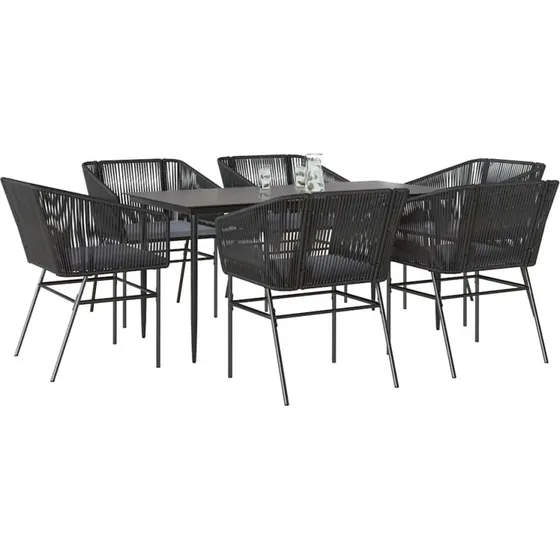 Haven M. 7-dele Spisebordssæt i Polyrattan med Glas, Sort, 200 x 100 x 74 cm