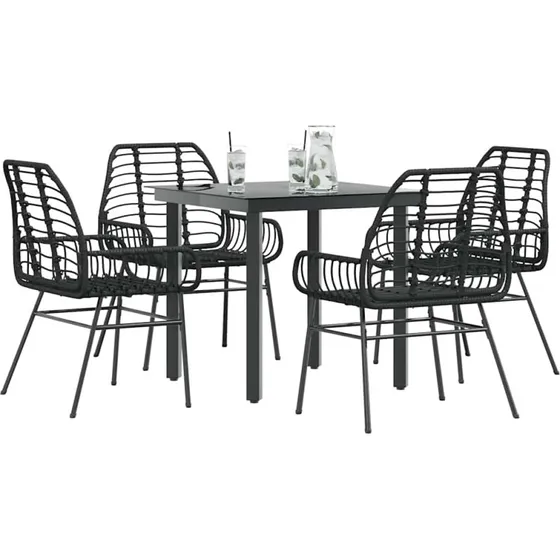 vidaXL 5-delers polyrattan spisebordssæt med glas, sort