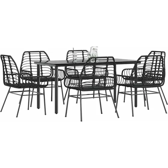 vidaXL 7-delers polyrattan spisebordssæt med glas, sort
