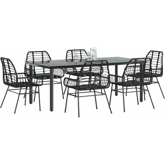 vidaXL 7-delers polyrattan spisebordssæt med glas, sort