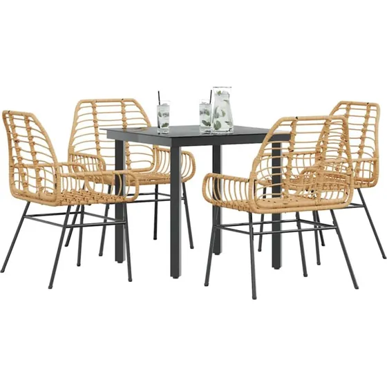 vidaXL 5-delers polyrattan spisebordssæt med glas, brun