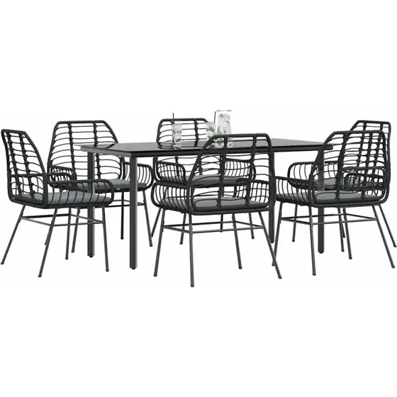 vidaXL 7-delers spisebordssæt polyrattan glas sort