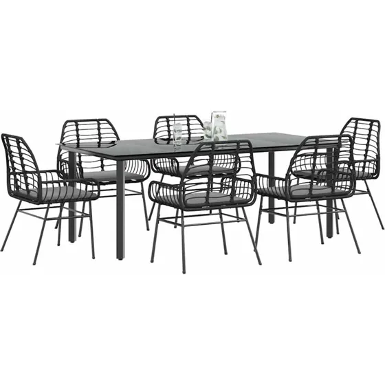 vidaXL 7-delers spisebordssæt polyrattan glas sort