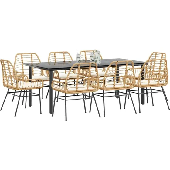 vidaXL 9-delers polyrattan spisebordssæt brun med glas