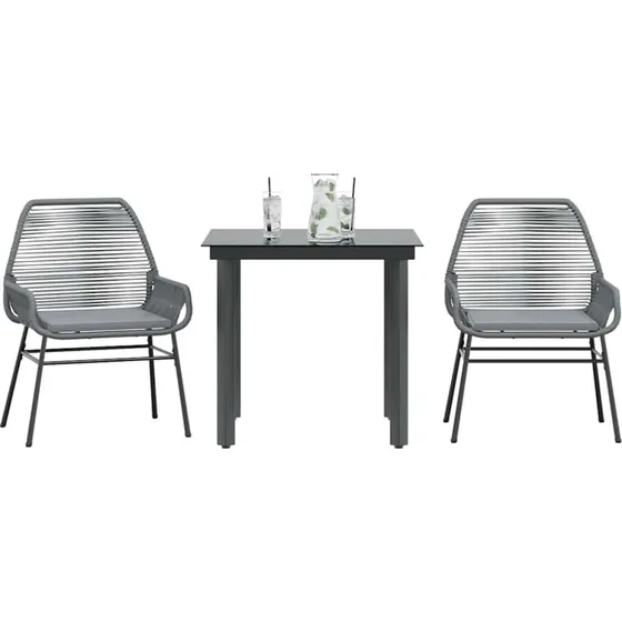 vidaXL 3-del spisebordssæt med hynder, polyrattan, glas, grå