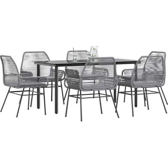 vidaXL 7-delers polyrattan spisebordssæt med glas, grå