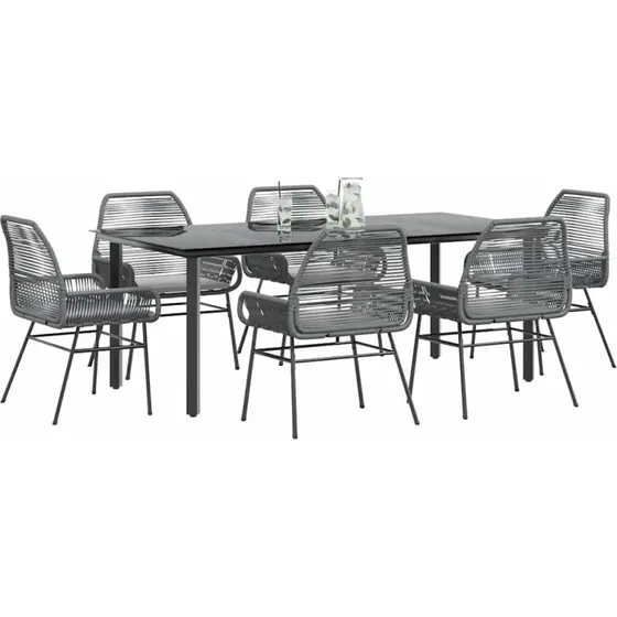 vidaXL 7-delers polyrattan spisebordssæt med glas, grå