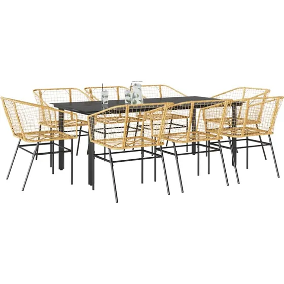 vidaXL 9 dele polyrattan spisebordssæt brun med glas