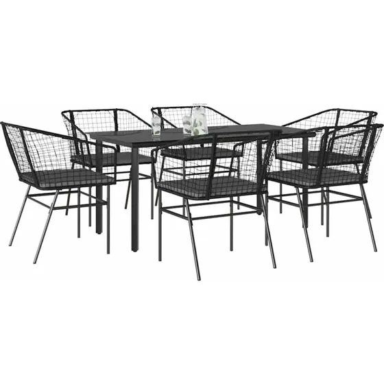 vidaXL 7-delers polyrattan spisebordssæt med glas, sort