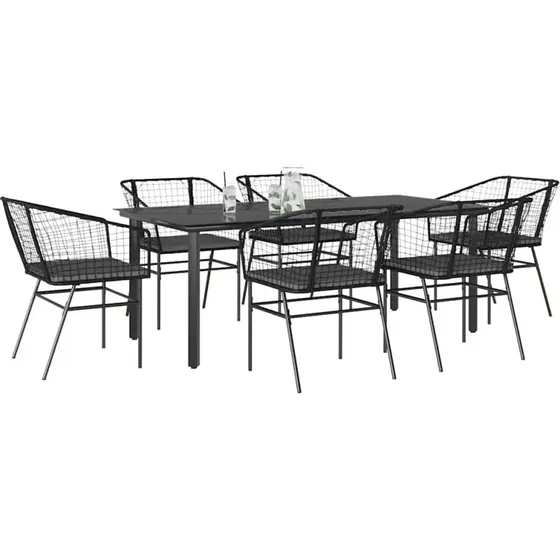 vidaXL 7-delers polyrattan spisebordssæt med glas, sort
