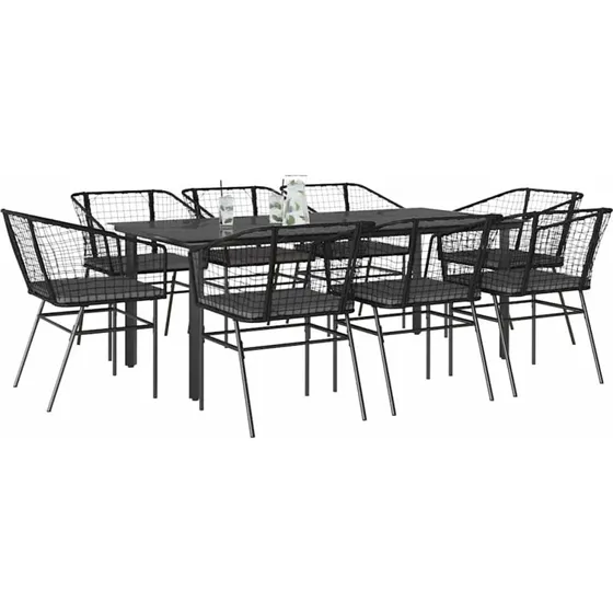 vidaXL 9-delers polyrattan spisebordssæt med glas, sort