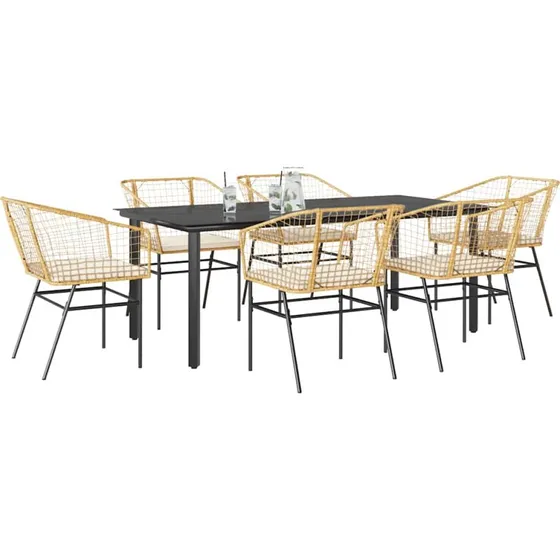 vidaXL 7-delers spisebordssæt polyrattan brun med glas