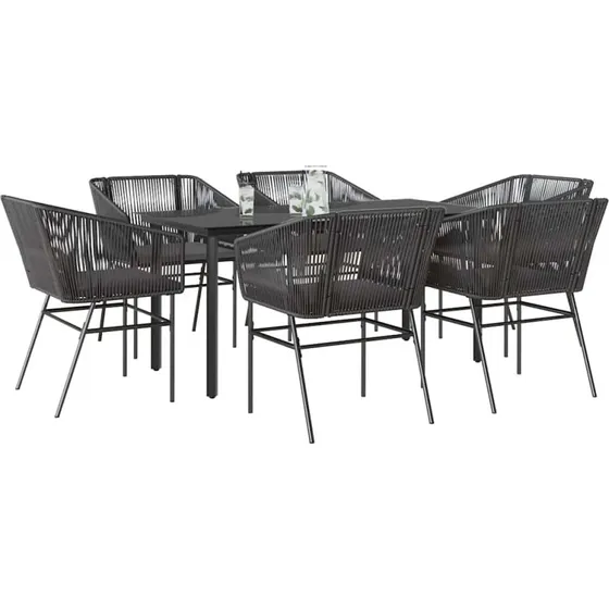 vidaXL 7-delers spisebordssæt polyrattan glas sort