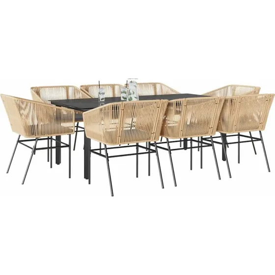 vidaXL 9-delers polyrattan spisebordssæt med glas, brun