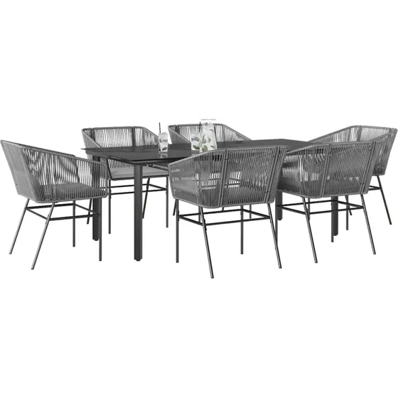 vidaXL 7-delers polyrattan spisebordssæt med glas, grå