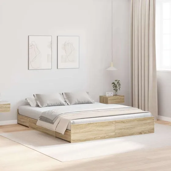 vidaXL Seng med opbevaring Sonoma-eg 150 x 200 cm Konstrueret træ