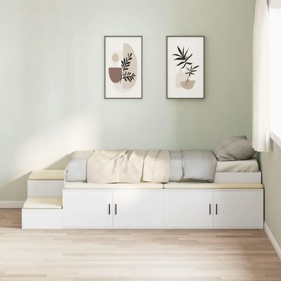 Hvid seng med opbevaring 244 x 127 x 53,5 cm i konstrueret træ