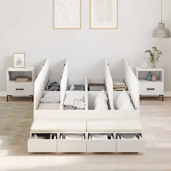 vidaXL Seng med opbevaring Hvid 120 cm Konstrueret træ