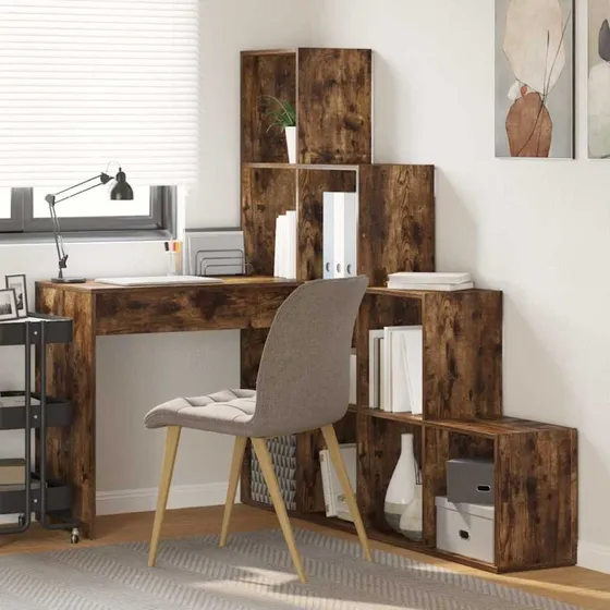 vidaXL Hjørneskrivebord med Hylde Røget Eg 101,5 x 149,5 x 149,5 cm