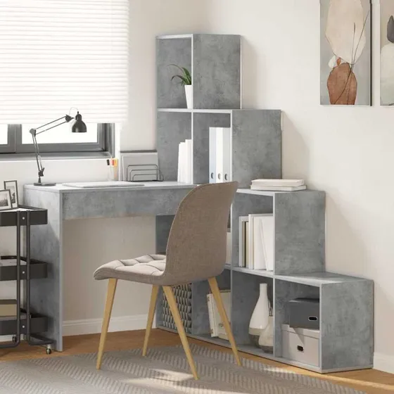 vidaXL Hjørneskrivebord med Hylde Betongrå 101,5 x 149,5 x 149,5 cm
