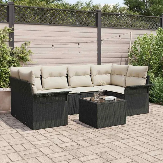 vidaXL Havesofa Sæt 7 del, Sort Poly rattan med pude