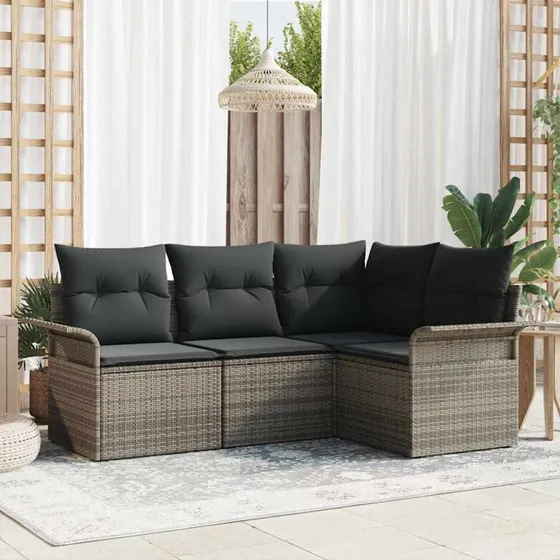 vidaXL Havesofa Sæt 4-del, Grå Poly Rattan med Pude