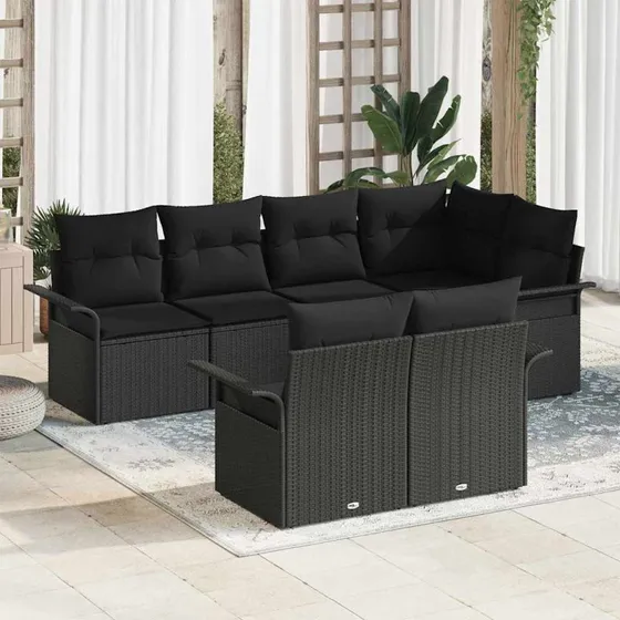 vidaXL Havesofa Sæt 7 stk Sort PolyRattan