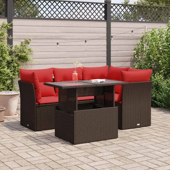 vidaXL 5-delssofasæt med hynder, polyrattan akacietræ brun