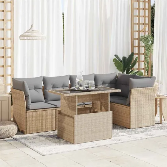 vidaXL 6-delssofasæt med hynder, polyrattan beige