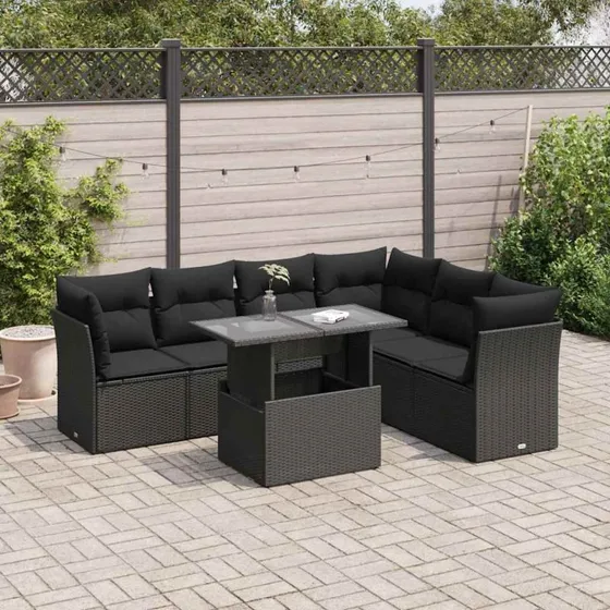 vidaXL 7-deles sofasæt med hynder polyrattan sort