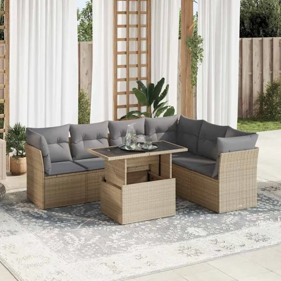 vidaXL 7-deles havemøbelssæt med hynder i polyrattan beige