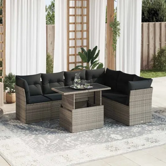 vidaXL 7-deles havesofa med hynder i polyrattan grå