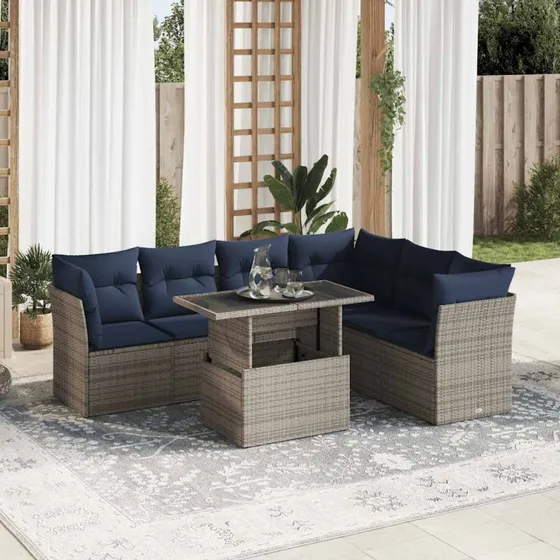 vidaXL 7-delssofasæt med hynder, polyrattan, sort