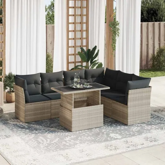 vidaXL 7-delssofasæt med hynder, lysegrå, polyrattan