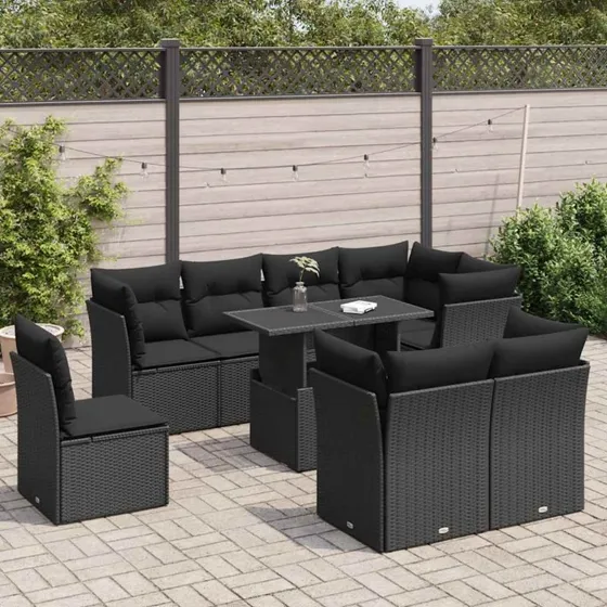 vidaXL 9-dels sofasæt med hynder, polyrattan, sort