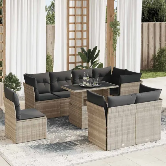 vidaXL 9-delssofasæt med hynder, lysegrå, polyrattan