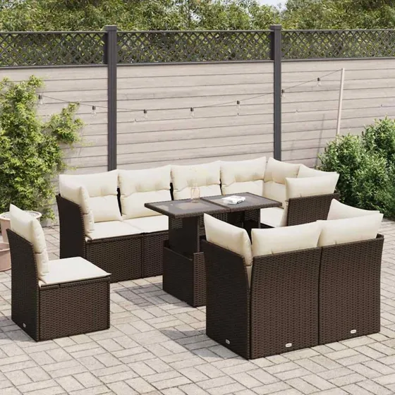 vidaXL 9-delssofasæt med hynder, polyrattan brun