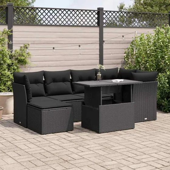 vidaXL 7-deligt polyrattan havesofasæt med hynder, sort